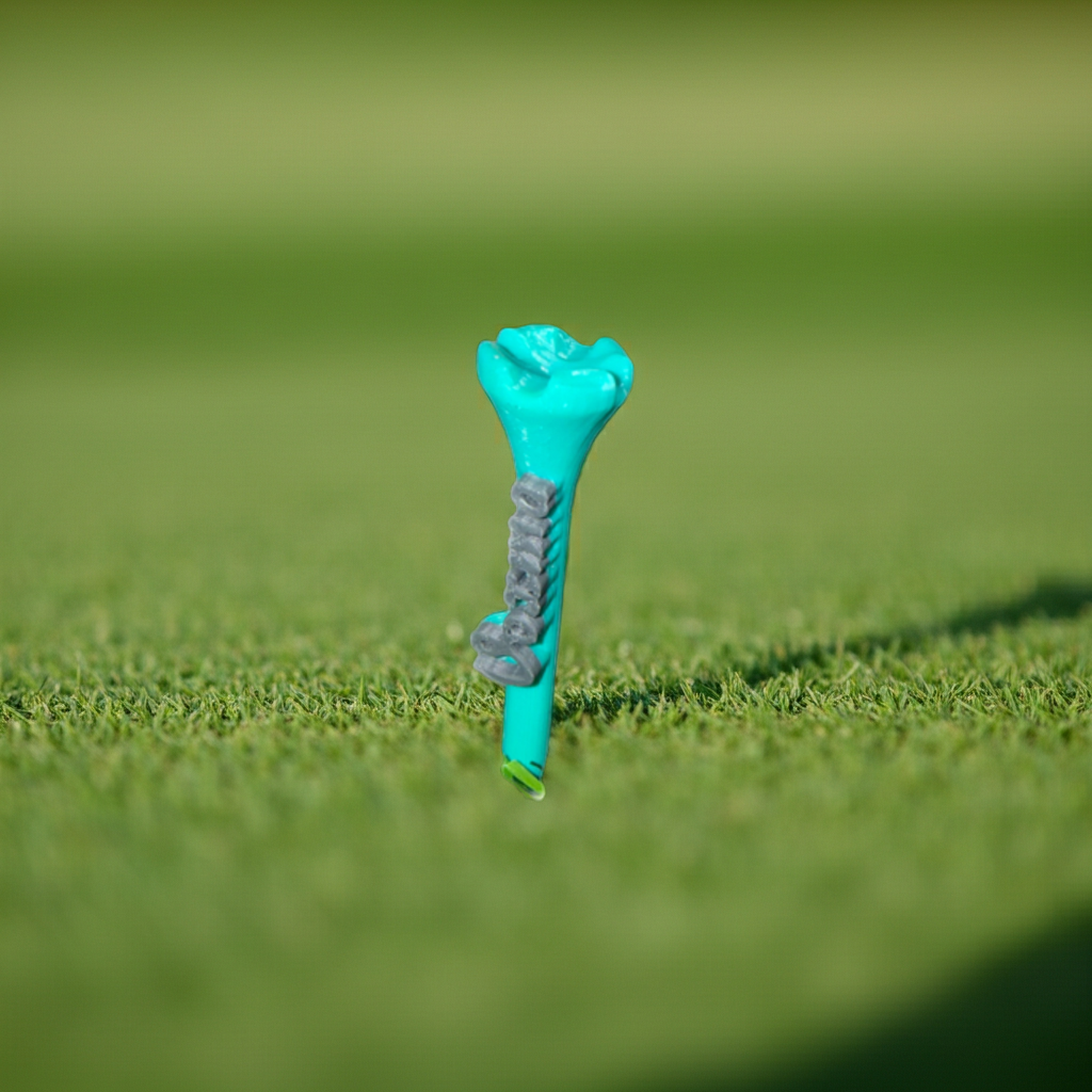 Blue golf tee on a green grass background