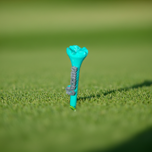 Blue golf tee on a green grass background